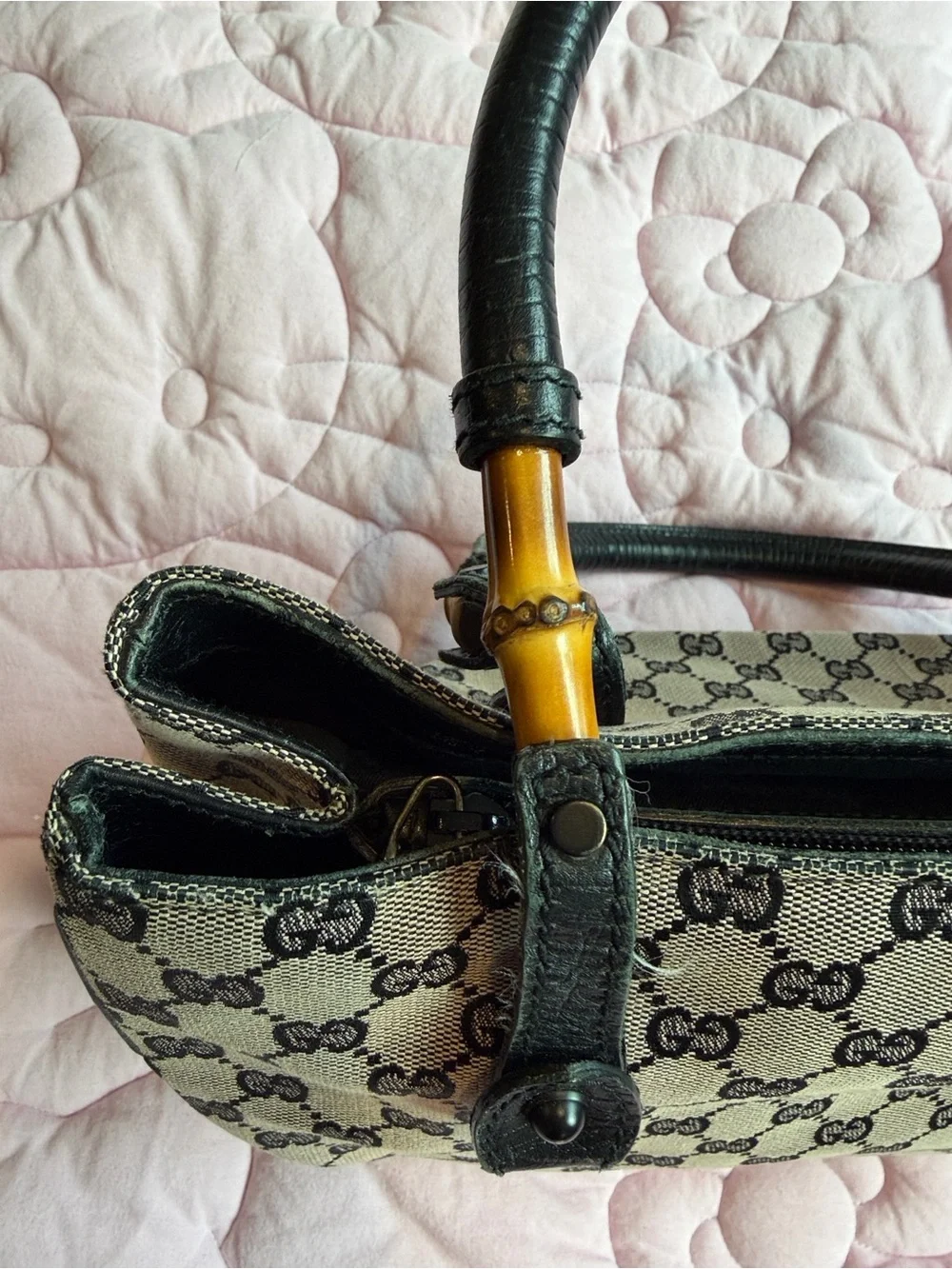 Gucci Black & Grey GG Canvas Tote with Bamboo Accents